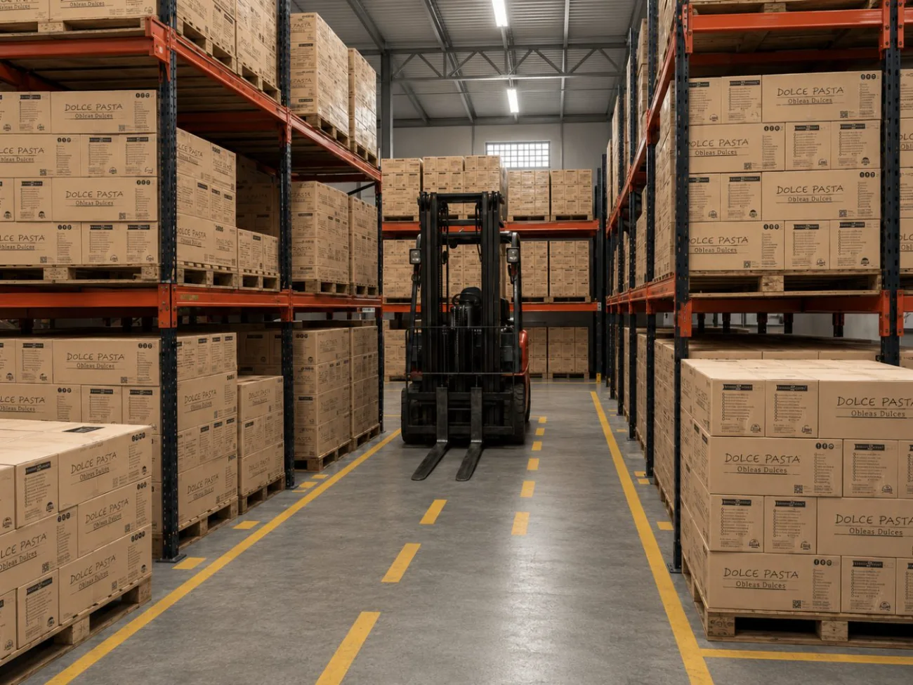 Depósito de JCM Import Export en Asunción: pallets de cajas Dolce Pasta en estanterías y autoelevador en operación