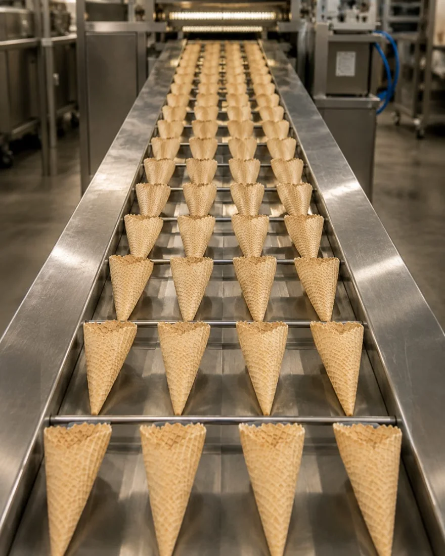 Línea de producción de obleas Dolce Pasta: conos alineados sobre la cinta transportadora en la fábrica