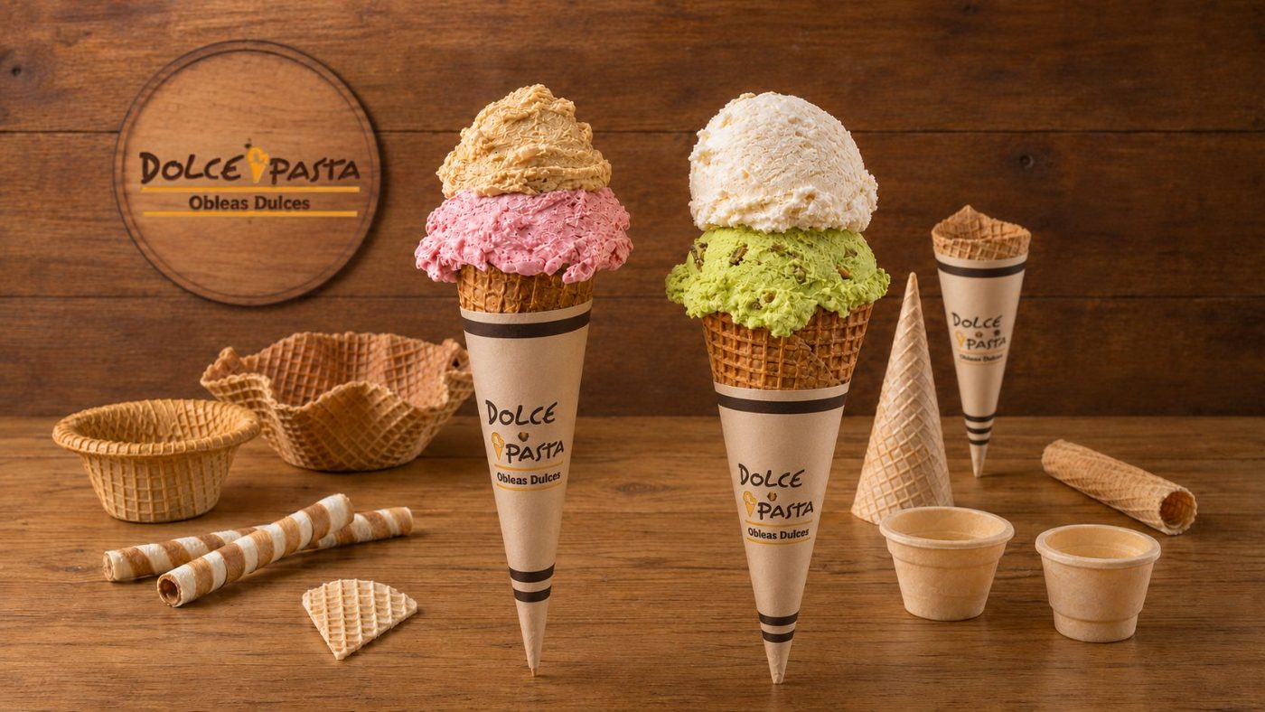 Familia de productos Dolce Pasta: cucuruchones con helado de pistacho, vainilla y frutilla, capelinas, vasos y rollitos sobre una mesa de madera